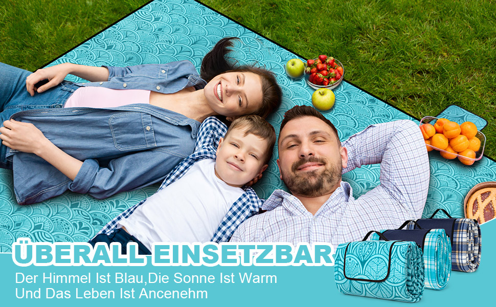 Плед для пікніка водонепроникний XXL (200x150 см) Pfauenblau для 4-6 осіб, пляжний килим для кемпінгу та походів з ручкою