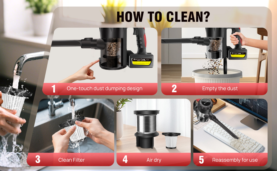 Бездротовий акумуляторний пилосос з антизаплутувальною насадкою, фільтрація 99,999%, для автомобіля та будь-яких поверхонь (червоний, незнімний акумулятор)