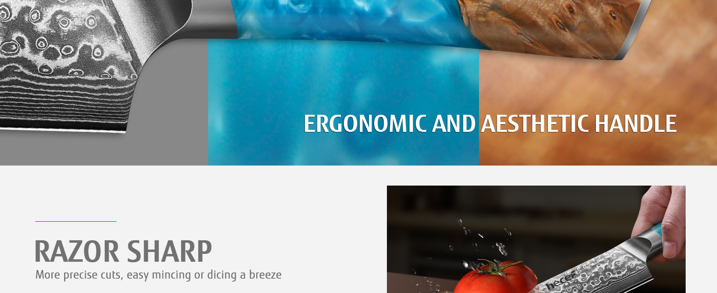 Японський ніж Hecef Damast 20 см з ручкою з харчової смоли: професійний кухонний ніж з дамаської сталі 67 шарів, з захистом для леза, подарунок для шеф-кухаря