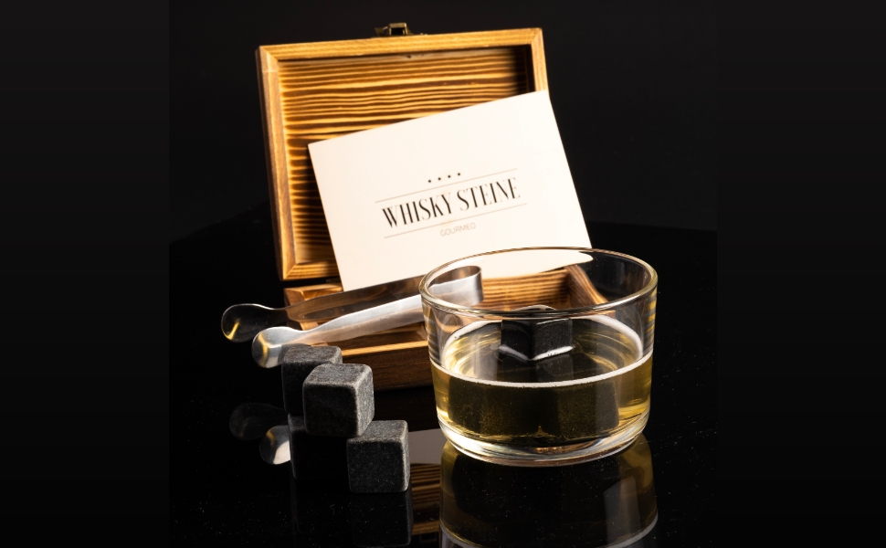 Набір для охолодження віскі GOURMEO 9 Stones - 9 каменів для охолодження віскі, з нержавіючою сталлю та щипцями, у дерев'яній коробці