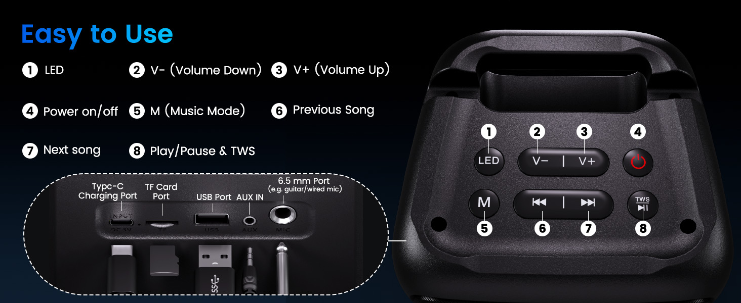 Караоке машина з 2 мікрофонами, портативна Bluetooth колонка з LED-підсвіткою, чорна