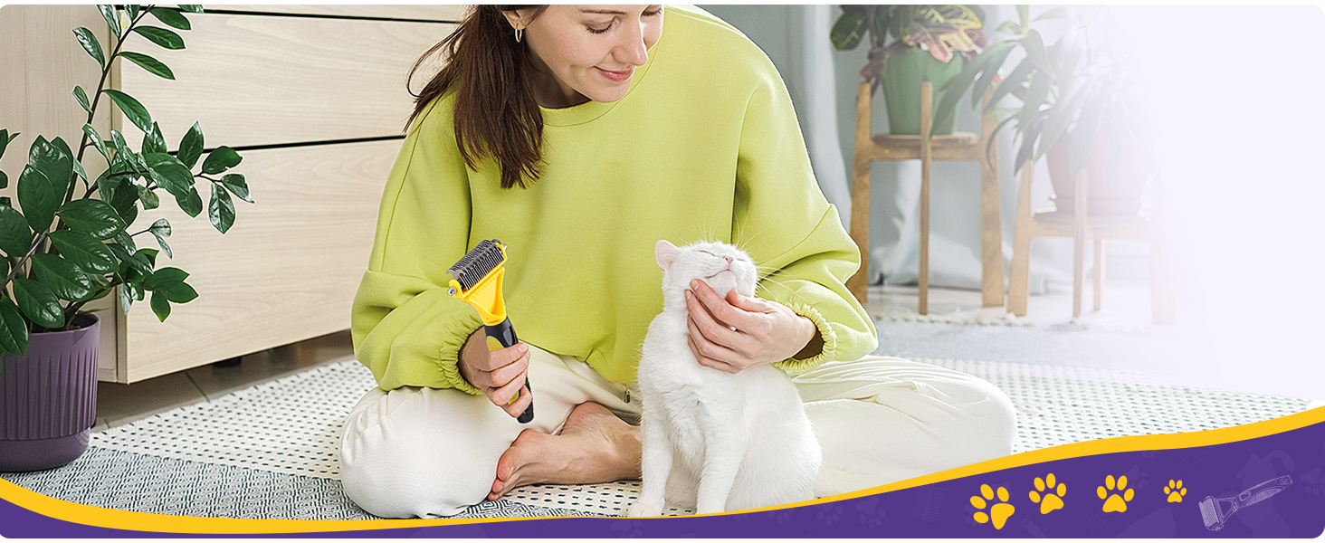 Щітка для собак та котів, 12+23 зубчики, сталевий гребінь для видалення шерсті, двостороння, проти ковтунів, для дому (M, яскраво-жовтий)