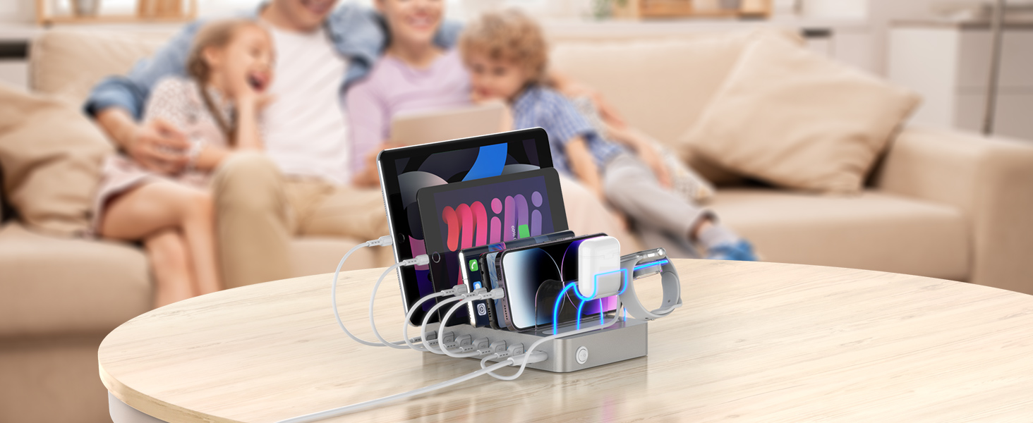 Зарядна станція SooPii USB 60W/12A з 6 портами, органайзер для декількох пристроїв з тримачем для Apple Watch, 6 кабелів в комплекті (срібло)