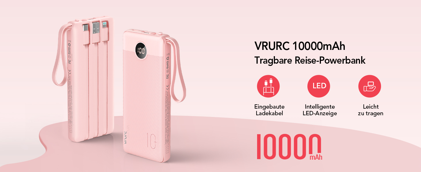 Powerbank VRURC 10000mAh з кабелем: портативний зарядний пристрій USB-C з LED дисплеєм та 5 виходами для iPhone, Huawei, Samsung та інших смартфонів - Рожевий