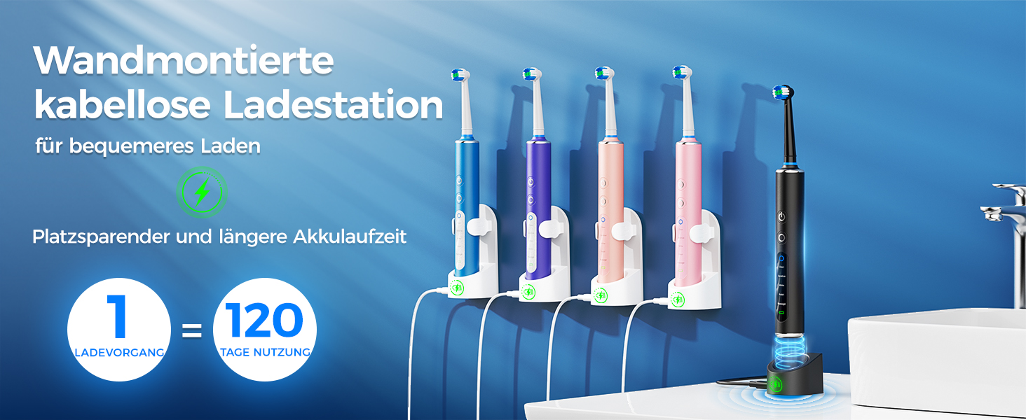 Електрична зубна щітка з круглою голівкою – 50 000 рухів/хв, 8 насадок, 3 режими інтенсивності та 5 режимів чищення, до 120 днів роботи, IPX7, кейс для подорожей та тримач, для дорослих та дітей (Чорний, 1 комплект)