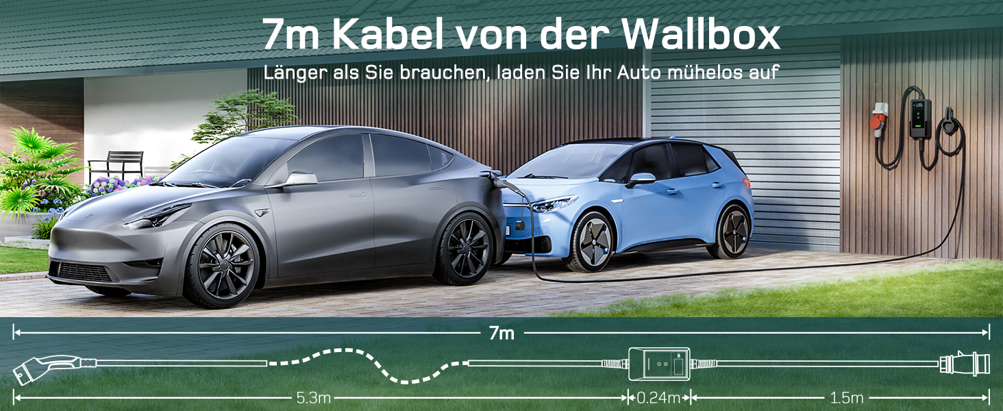 Зарядна станція для електромобілів Dé 11 кВт (3 фази, 6-16A) з регульованою потужністю, кабель CEE 16A - Type 2, сумісна з Model Y/3, ID.3/4/5, MG4, EX30, e-up, e-tron та BEV/PHEV, комплект 7м