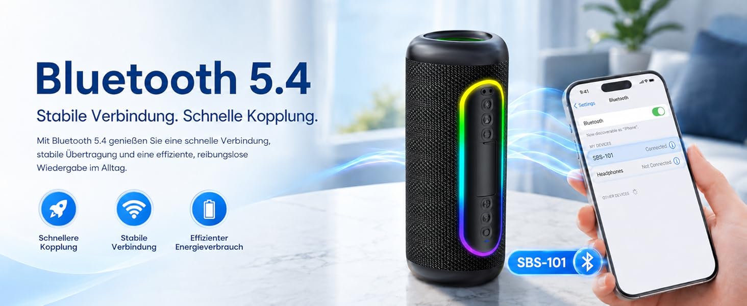 Портативна Bluetooth колонка UOHHBOE 30W, чорна: музика до 30 годин, RGB підсвічування, IPX5 водонепроникність