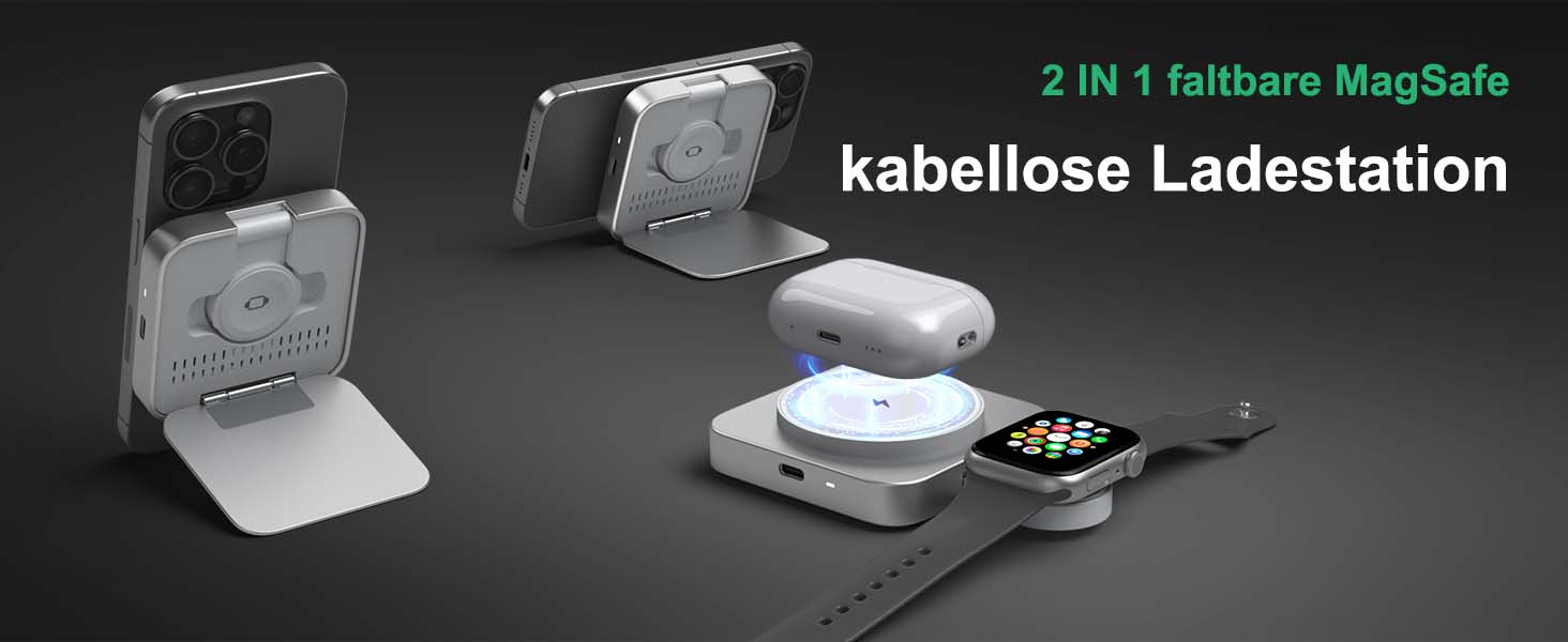 Бездротова зарядка MagSafe для Apple Watch та iPhone, сумісна з iPhone 16/15/14/13/12, iWatch, AirPods Pro 3/2 (срібна)