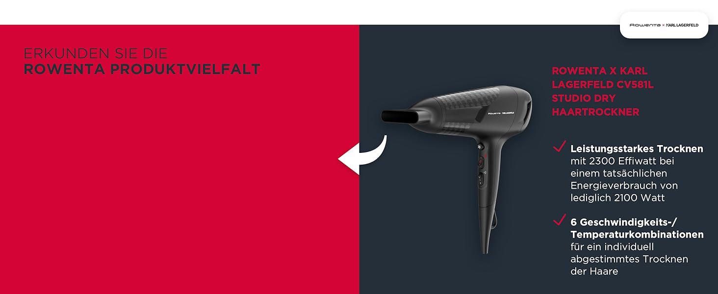 Фен Rowenta x Karl Lagerfeld Studio Dry CV581L: Ефективність та стиль, 6 режимів, Thermo Control, чорний/червоний