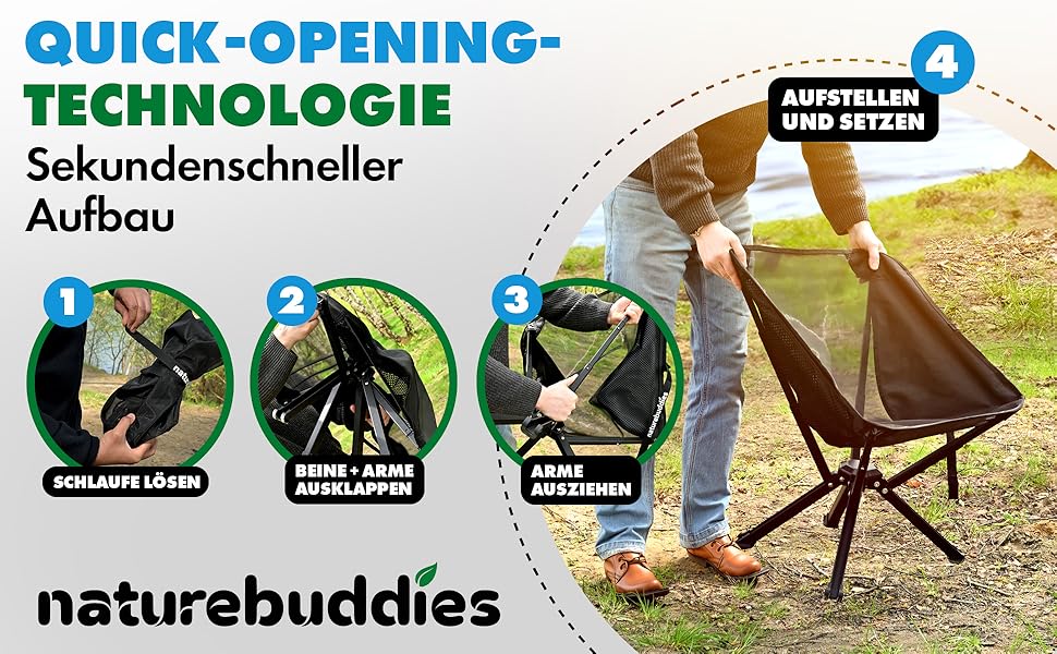 Крісло для кемпінгу Nature Buddies® Faltbar: Легке, компактне, складне (до 150 кг) | Стілець для риболовлі, відпочинку на природі, фестивалів