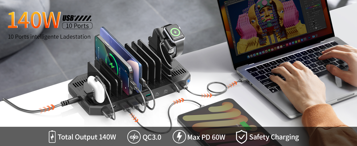Зарядний пристрій Alxum 60W USB, 10 портів, 5V/2.4A, для телефонів, планшетів, Kindle, з регульованими перегородками, швидка зарядка QC 3.0, чорний