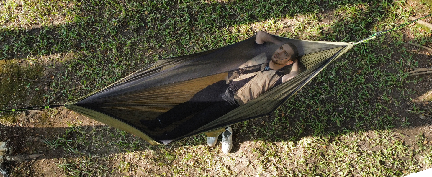 Гаммак для кемпінгу з москітною сіткою та стропом, великий на 2 особи, 290 x 140 см, легкий, для відпочинку на природі, походів, подорожей та рюкзаків, колір: оливковий