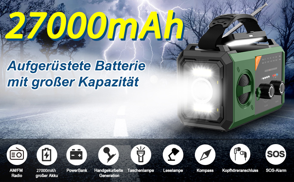 Портативне радіо Kurbelradio з сонячною панеллю та Powerbank 27000mAh, AM/FM, SOS, ліхтарик, компас, Bluetooth, зелений