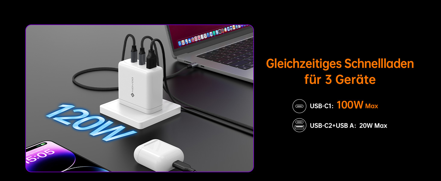 Зарядний пристрій USB-C 120W NOVOO GaN III 3-порти, кабель USB-C PD 100W для MacBook Pro 14