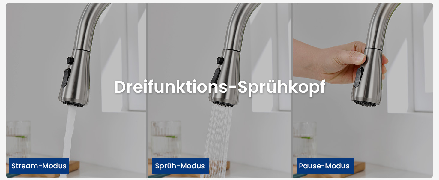 Кран кухонний CECIPA з 3 режимами, висувна лійка, поворотний на 360°, з високим виливом, нержавіюча сталь, з однією ручкою