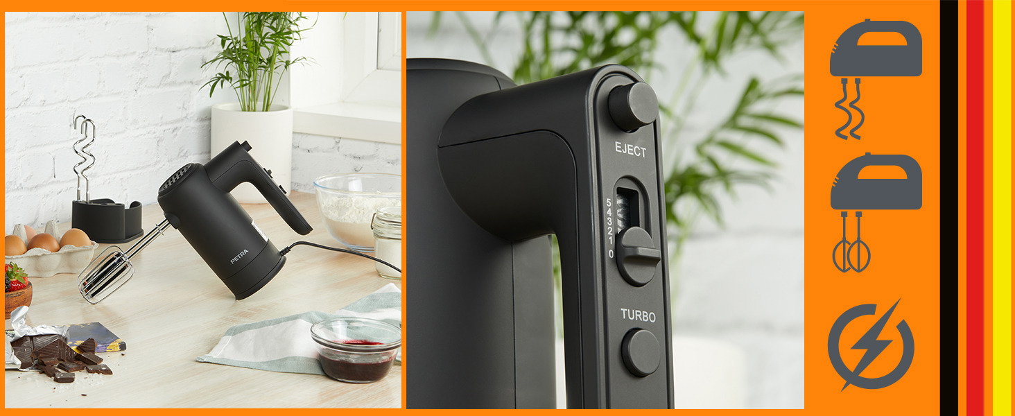 Ручний міксер Petra 300W з 5 швидкостями, турбо-функцією та набором насадок, срібний колір