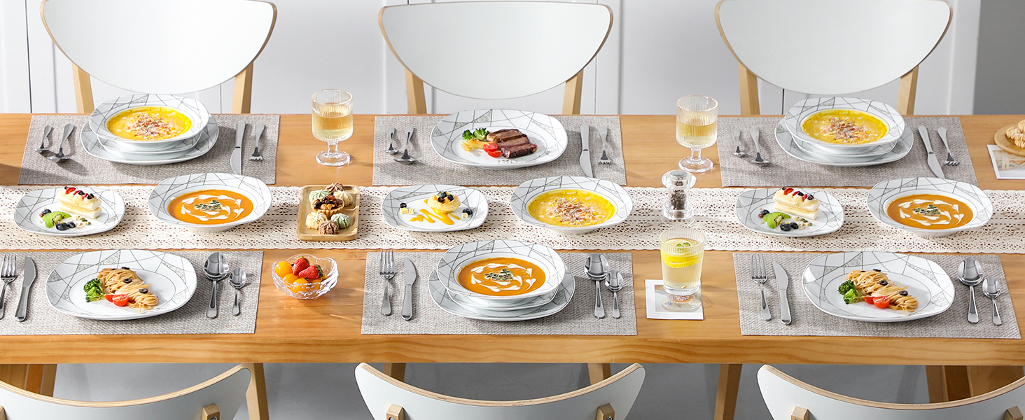 VEWEET Сервіз столовий 'Serena' з порцеляни, 24 частини | Комплект включає миски для каші, десертні тарілки, тарілки для їжі та супові тарілки | Сервіз для 6 осіб/ресторану/сім'ї (Білий, 18-частинний сервіз)