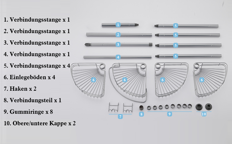 DUFU Кутовий полиця для душу з 4 кошиками, металева, регульована висота 73-265см, без свердління, антиковзаюча, сіра