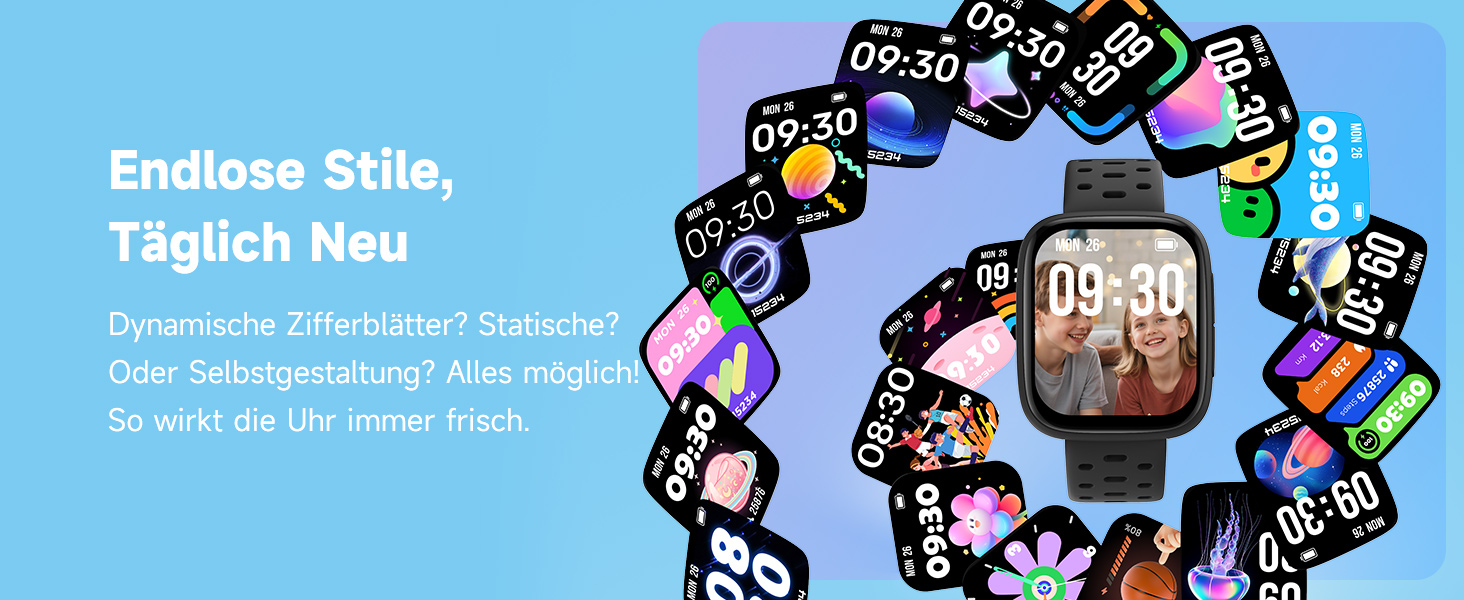 Смарт-годинник BIGGERFIVE для дітей з/без додатку, 1.8' фітнес-годинник, крокомір, пульсометр 24/7, будильник, водонепроникність 30м, монітор сну, пазли-ігри, 100+ циферблати для дівчаток, хлопчиків, підлітків 5–16, чорний