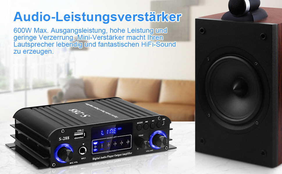 HiFi підсилювач S-288 600Вт, міні Bluetooth стерео аудіо ресивер, 12В/220В, 4 канали, цифровий підсилювач із LCD-дисплеєм, FM-радіо, Bluetooth, USB-вхід, для дому або авто