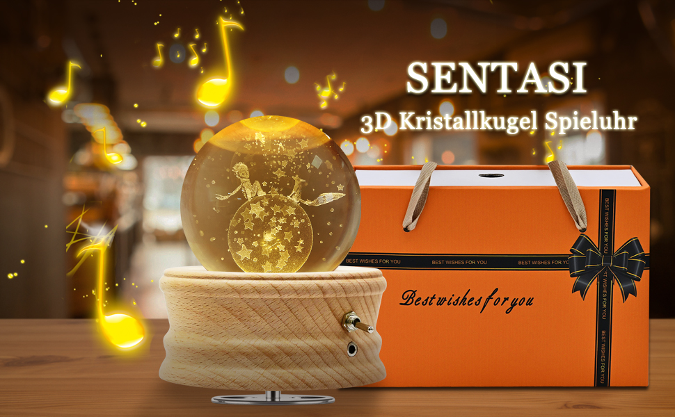 Музична шкатулка Sentasi 3D кришталева куля з теплим світлом, що обертається на 360°, для дітей і дорослих, подарунок на день народження чи для мами