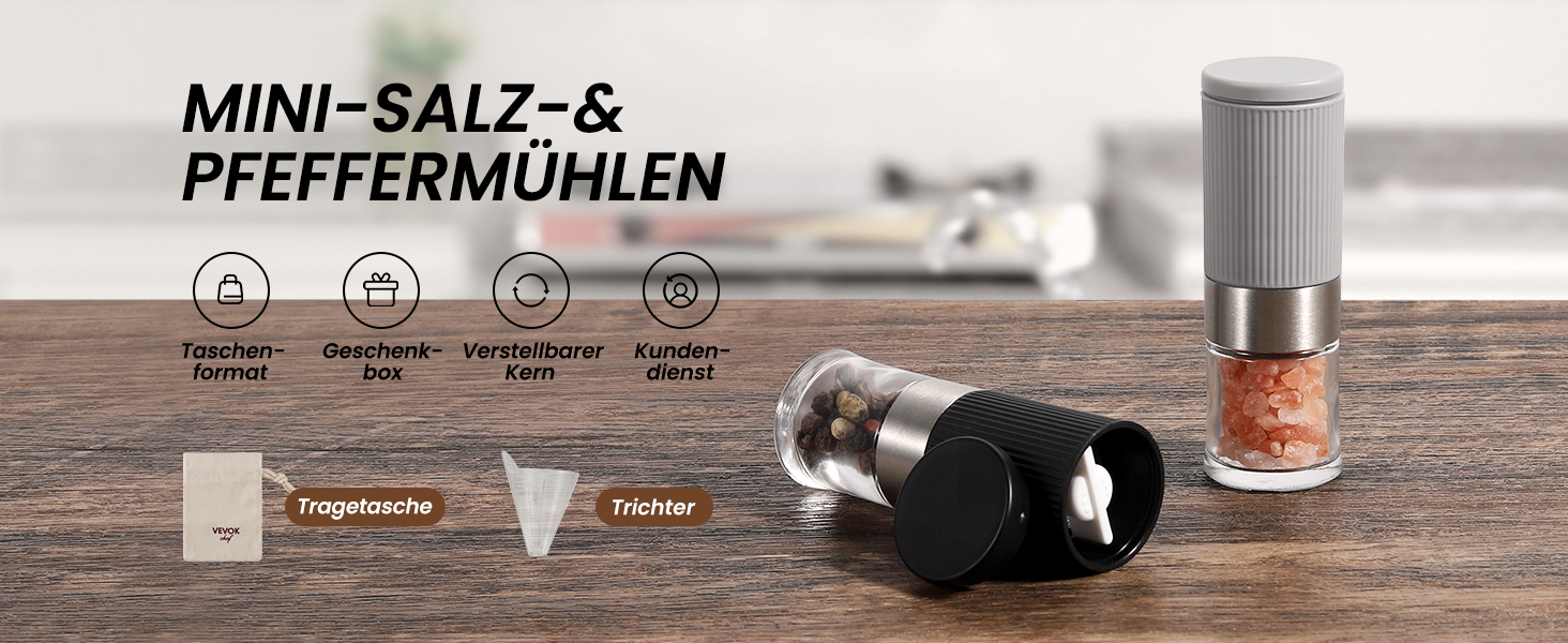 Набір мельниць для солі та перцю Vevok Chef Mini 2 шт. з регульованим керамічним жорном, прозорі. Підходять для кухні, кемпінгу, як подарунок.