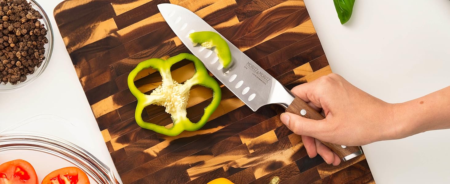 Ніж Santoku Moritz & Moritz 18 см - професійний кухонний ніж у японському стилі з надзвичайно гострою клинком - для м'яса, суші та іншого. Ергономічна ручка з акації. Німецька сталь Santokumesser