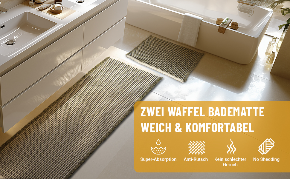 Boho Bathroom Rug Set - Non-Slip Bath Mats 2-Piece Set - Washable Shower Rugs for Bathroom, Bedroom, Living Room - 51x120cm + 41x61cm (Green & White)