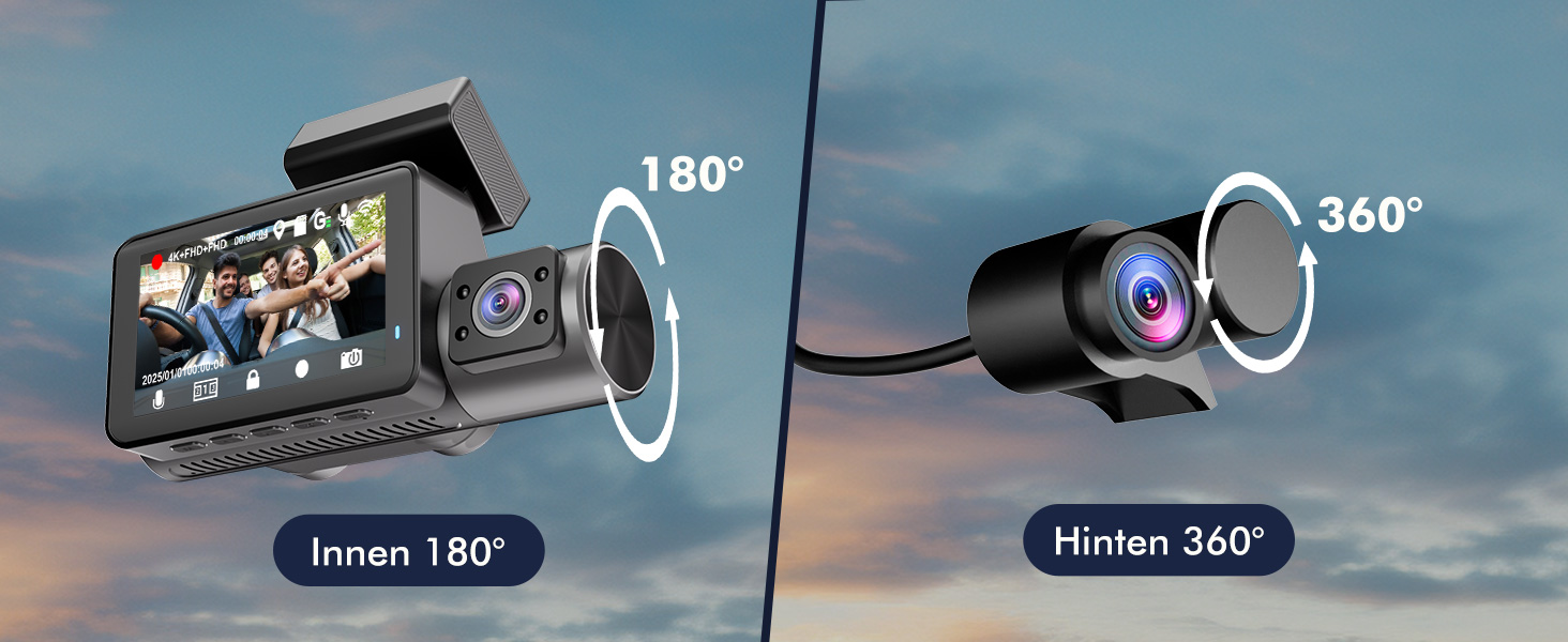 Відеореєстратор для авто 3-Kanal 4K UHD + Full HD (передня 170°, задня 140°, внутрішня 140°) з GPS, WiFi 6, нічним баченням HDR/WDR, 24/7 паркування, 64GB карта пам'яті