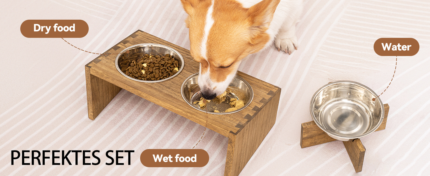 Підвищені годівниці для котів та собак KIRIGEN - дерев'яна станція для годування з 3 знімними мисками з нержавіючої сталі, годівниця для котів та дрібних тварин, натуральний колір