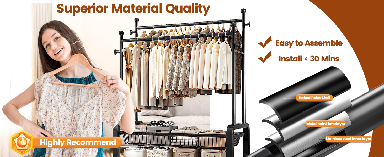 Стійка для одягу на колесах, чорна, з двома перекладинами, подвійне зберігання