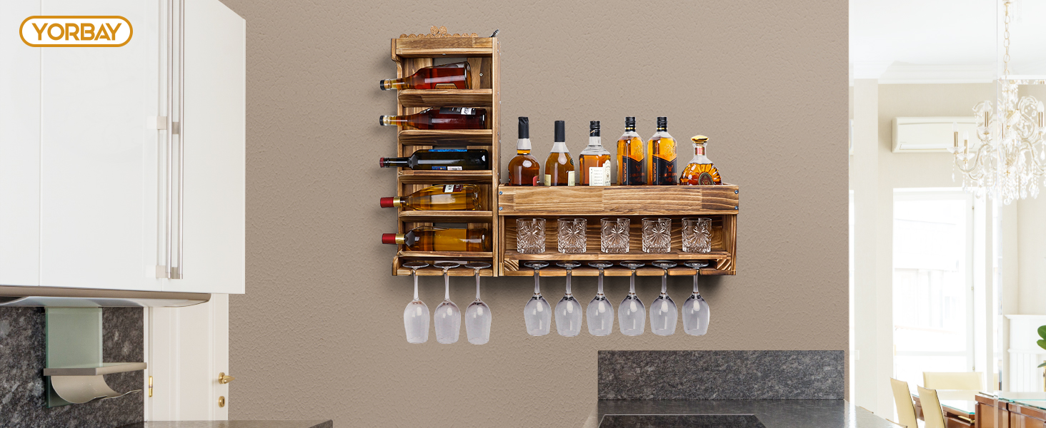 Стійка для вина Yorbay з підігрітим деревом, настінна з тримачем для корку, для келихів для вина та віскі, утримувач для пляшок, домашній бар, вінтаж, подарунок (без LED)
