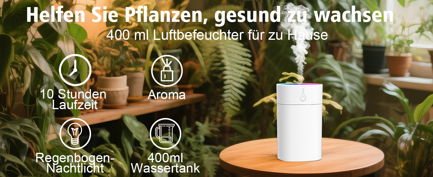Портативний міні-увлажнитель повітря для спальні, 400 мл аромадифузор для дому, особистий настільний зволожувач для рослин, аромадифузор для дому, 2 режими, нічник, автоматичне вимкнення, чорний