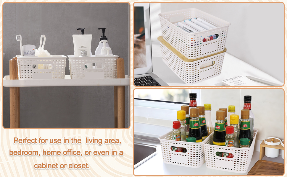 UHAPEER Storage Box with Bamboo Lid, 6 Piece Storage Basket, Plastic Basket Storage, Kitchen Organizer White, Stackable Storage Boxes, Box with Lid 25.6 x 18 x 10.7 cm