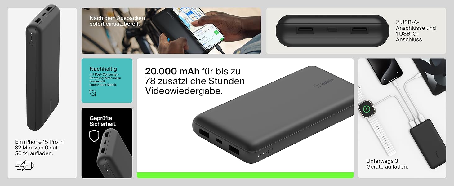 Powerbank Belkin 20000mAh з USB-C та USB-A: заряд для iPhone, Galaxy, Pixel, iPad, AirPods та інших пристроїв – Чорний