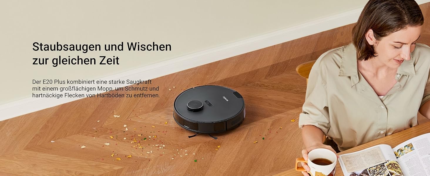 Робот-пилосос EUREKA E20 Plus чорного кольору з функцією миття підлоги, LiDAR-навігація, 4000Pa, автопідняття мопа, керування через додаток та голосовий помічник, ідеально для видалення шерсті тварин