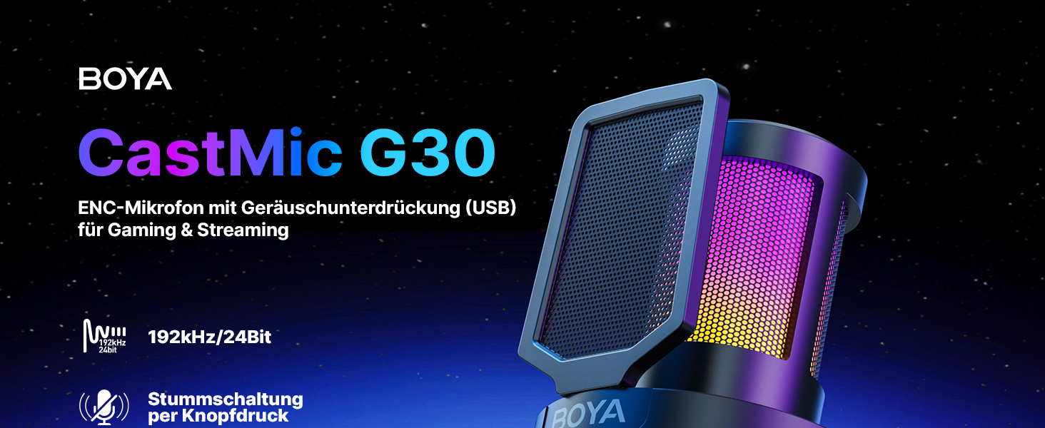 BOYA G30 USB Мікрофон для Ігор та Стрімінгу з RGB підсвіткою, шумозаглушенням, поп-фільтром. Конденсаторний мікрофон для ПК/PS4/PS5