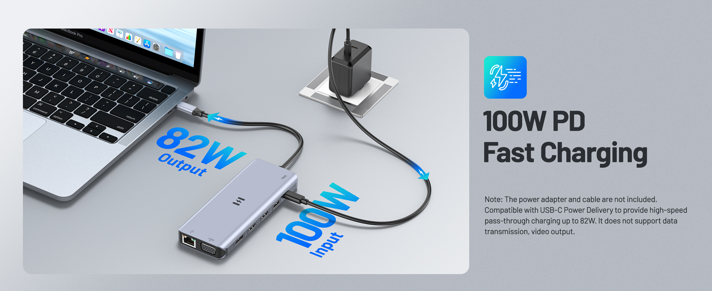 Док-станція USB-C для 4 моніторів: 13 в 1, 10Gbps, 100W PD, Ethernet, SD/TF, USB-A/C Hub для MacBook, Dell, HP (2 HDMI, DisplayPort, VGA)