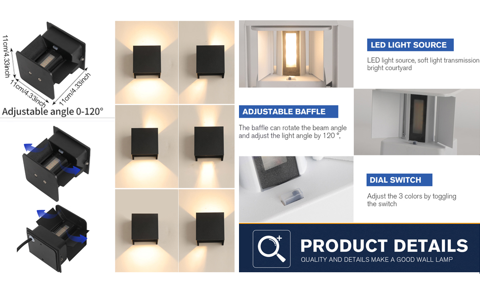LED вуличне/внутрішнє настінне освітлення FUPE 15W, регульоване, 3 кольори, IP65, алюміній, чорний