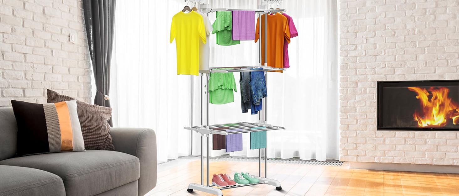Стійка для сушіння білизни Innotic з 4 рівнями, складна та компактна на колесах, 168 см, для балкону та маленьких квартир, біла