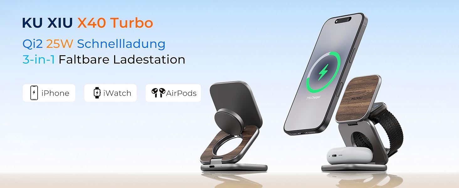 Бездротова зарядна станція KU XIU X40 Turbo Qi2.2 25W 3-в-1 для iPhone 17/16/15/14/13/12, Apple Watch, AirPods. Алюмінієвий адаптер GaN 45W, дерев'яна текстура