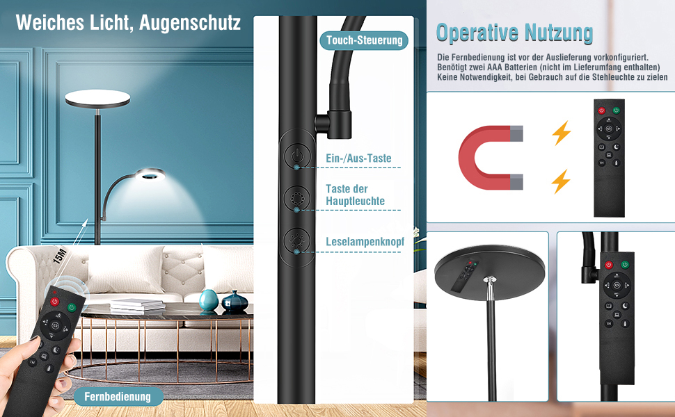 Стельовий LED-прожектор 42W з регулюванням яскравості та лампою для читання, 4200LM, 2700K-6500K, дистанційне керування, сенсорне управління, сучасна підлогова лампа для вітальні, спальні, офісу