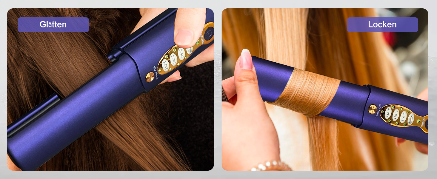 Бездротове праска для волосся з акумулятором 5000mAh, титанова поверхня, 2-в-1 (випрямляч та локони), міні, для подорожей, 3 температурні режими, швидкий нагрів, для всіх типів волосся (білий, блакитний)