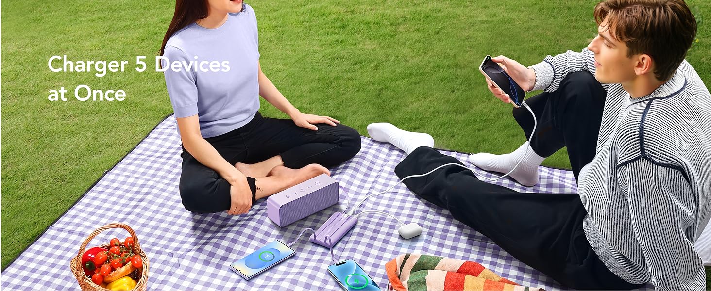 Powerbank VRURC 10000mAh з кабелем: портативний зарядний пристрій USB-C з LED дисплеєм та 5 виходами, 2 входами, сумісний з iPhone, Huawei, Samsung та іншими смартфонами (колір: туманний фіолетовий)