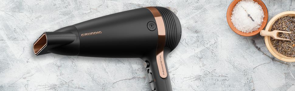 Фен GRUNDIG Naturashine HD 7081 з іонізацією, керамічним захистом, Cool Touch насадкою, 2100 Вт, 3 температурні та 2 режими повітряного потоку, холодна функція, знімний кабель, чорний / рожеве золото