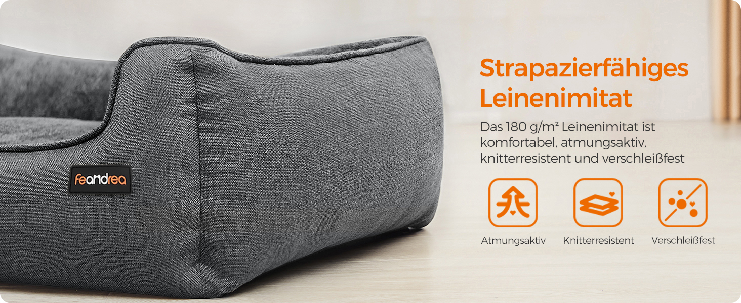 Ліжко для собак Feandrea, м'який лежак для собак з льоновим покриттям, кошик для собак, підняті бортики, неслизьке дно, знімний та пральний чохол, L, для середніх собак, 90 x 75 x 25 см, світло-сірий