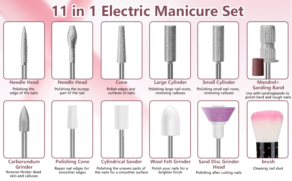 Професійний портативний фрезер для нігтів 45000 об/хв з LCD-дисплеєм - для акрилу та гелю, 11 насадок, рожевий/білий