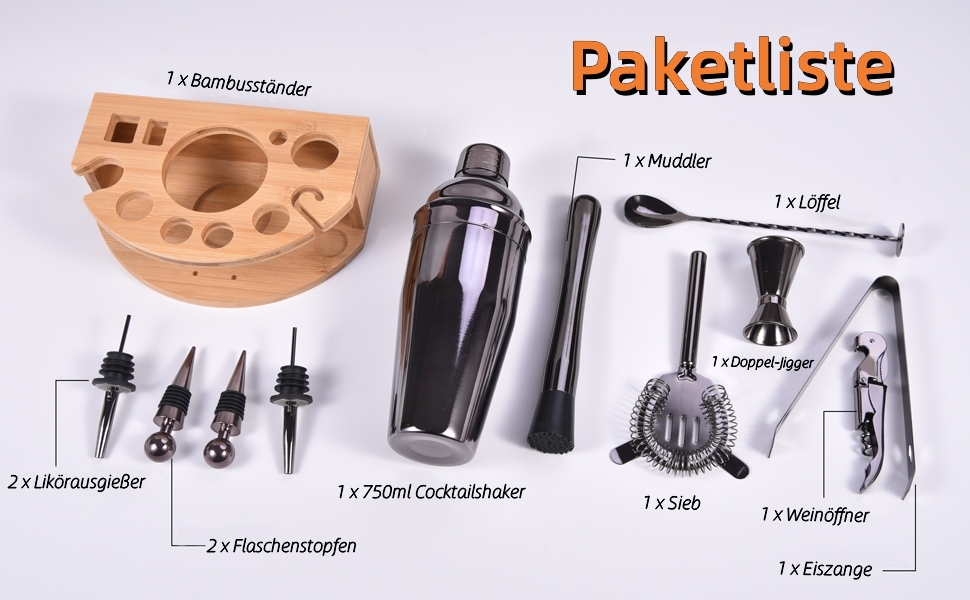 Набір шейкер для коктейлів Esmula 750 мл, 12 предметів, нержавіюча сталь, барменський набір, подарунок для чоловіків/жінок, стильний барний аксесуар з рецептами коктейлів (сірий)