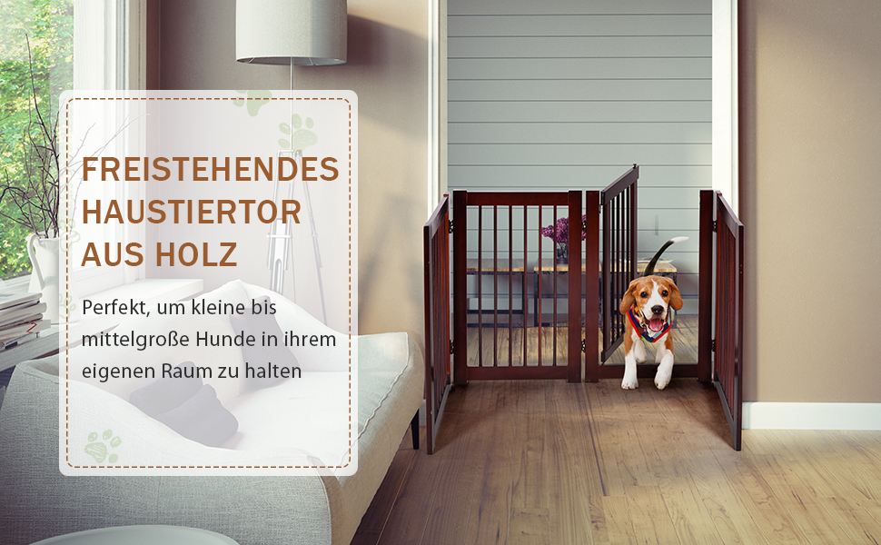 Захисний бар'єр для собак COSTWAY 76 см, 4 панелі, дерев'яний з хвірткою, для дому, дитячий, складний, коричневий