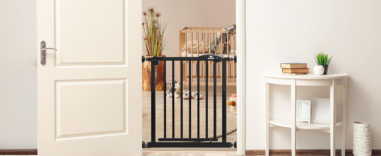 Захист для сходів KIDIZ без свердління | Ширина: 74-80 см, висота 75 см | Захист від падіння для дітей та собак | Одноручний відкривання, система Open-Stop 90°, сірий